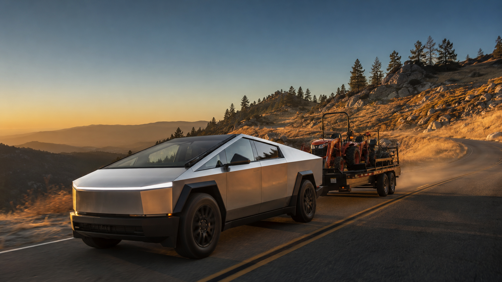 Tesla Cybertruck pulling an enclosed trailer with tractors and heavy equipment on a Sierra Nevada mountain highway