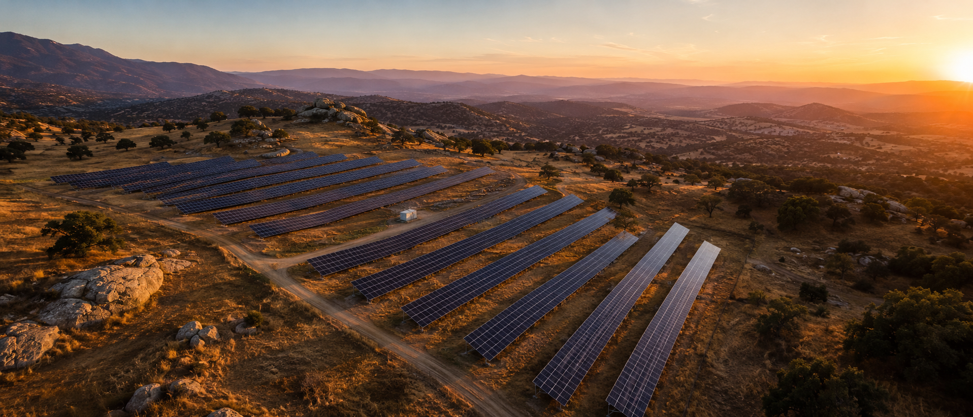 Aerial view of a paid-off solar panel array installed on a Sierra Nevada foothill at sunset, diagonal rows of dark panels with layered foothills receding into purple dusk