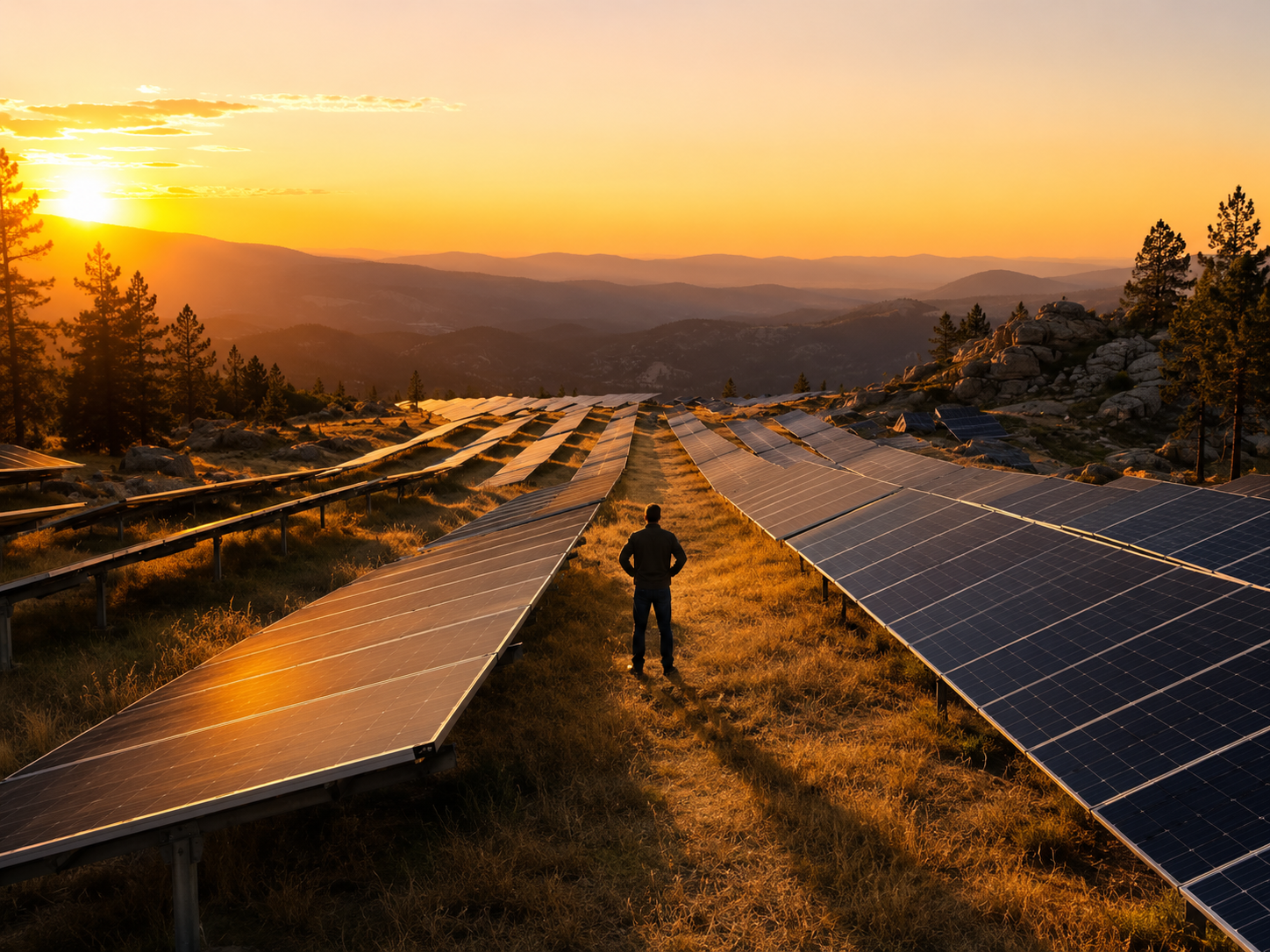 Operator silhouette standing between rows of solar panels on a Sierra Nevada hillside at sunset