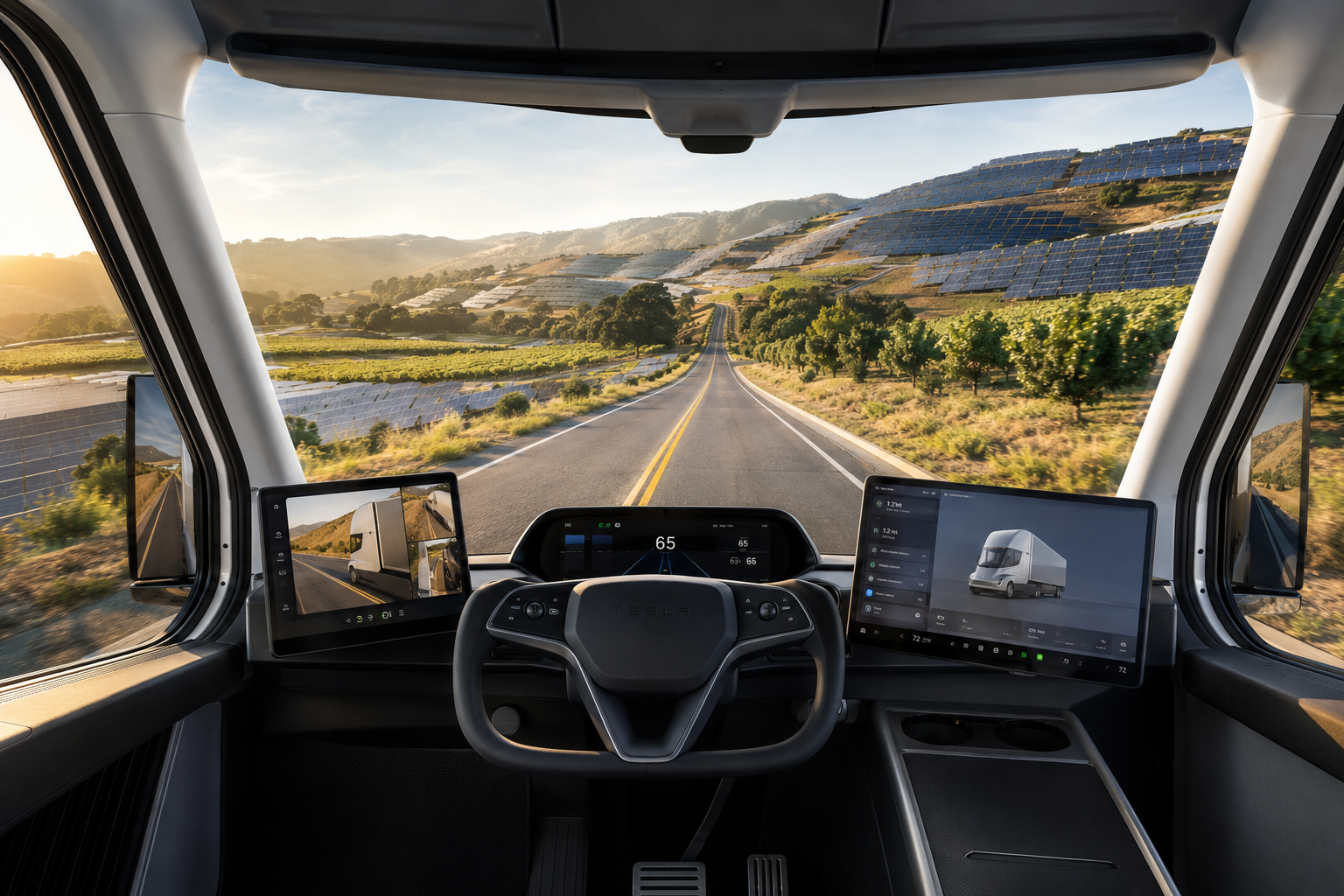 Tesla Semi electric truck cabin interior view, driver seat looking forward through the windshield at a California vineyard road at golden hour, dual displays and steering wheel visible