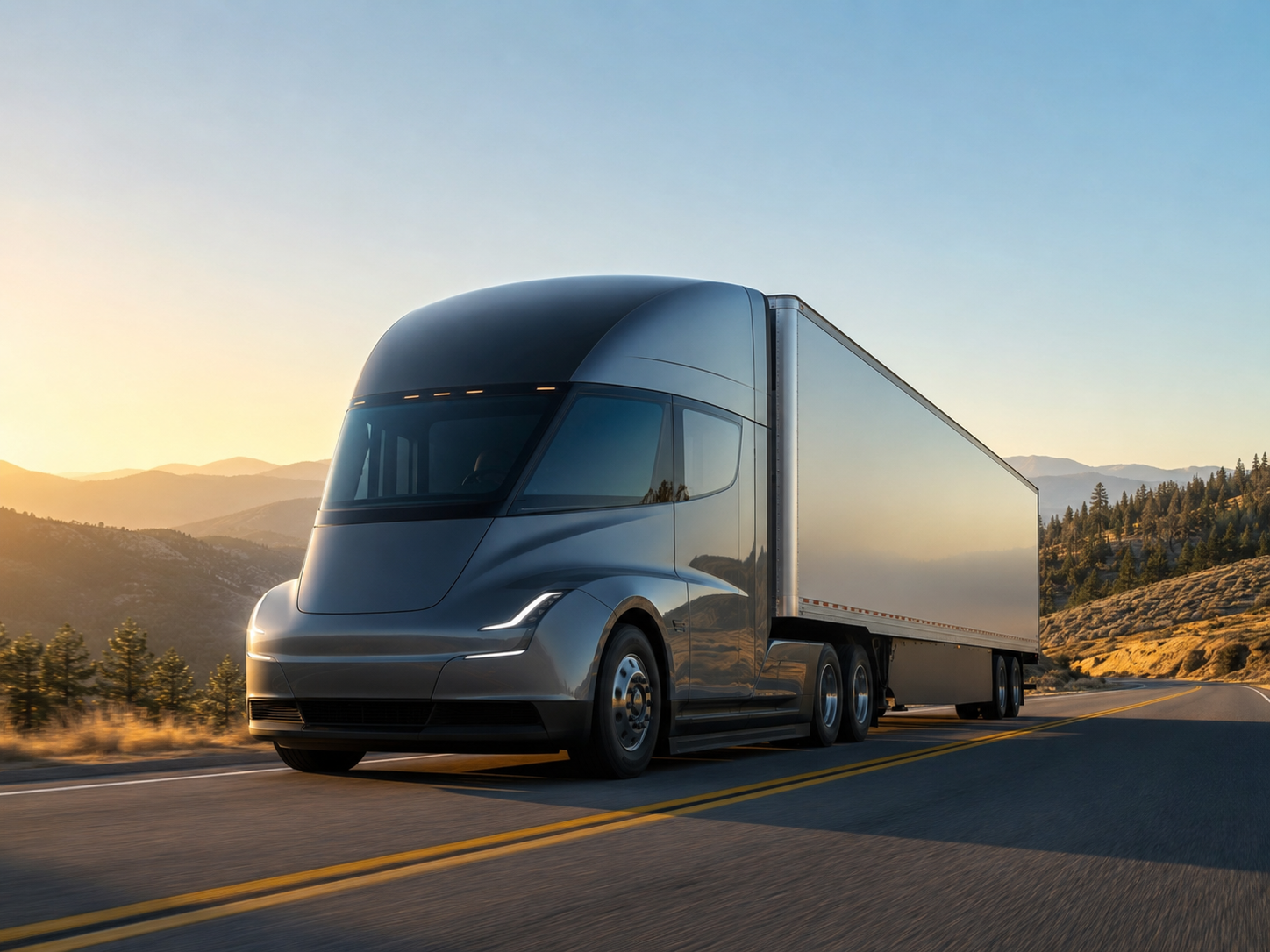 Tesla Semi electric Class 8 long-haul truck with grey cab on a mountain highway at sunset